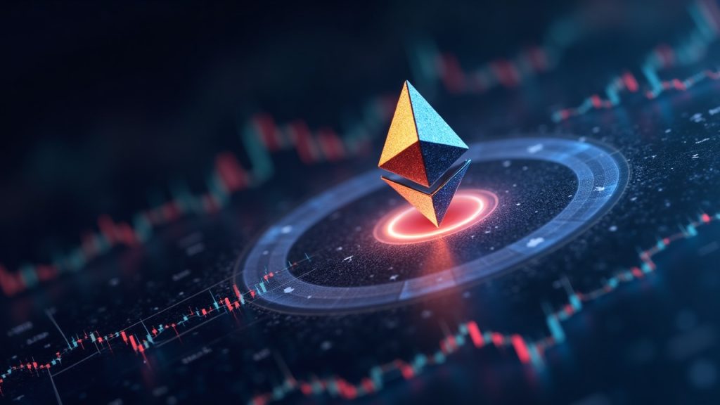 Photorealistic crypto header with Ethereum logo orbiting a glowing price chart, wallet silhouette, and blockchain lines.