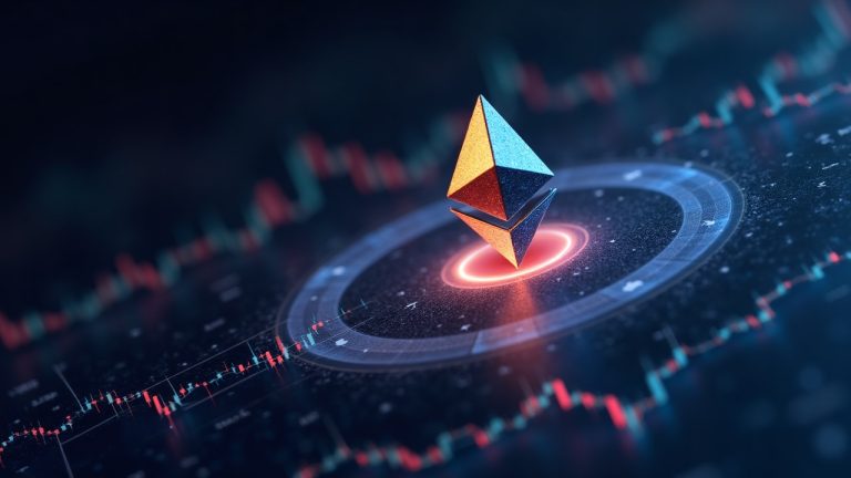Photorealistic crypto header with Ethereum logo orbiting a glowing price chart, wallet silhouette, and blockchain lines.