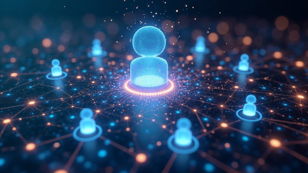 Photorealistic header showing holographic AI agent marketplace hub on blockchain with millions of glowing nodes and agent icons.