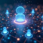 Photorealistic header showing holographic AI agent marketplace hub on blockchain with millions of glowing nodes and agent icons.