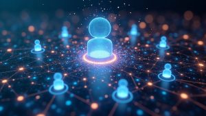 Photorealistic header showing holographic AI agent marketplace hub on blockchain with millions of glowing nodes and agent icons.