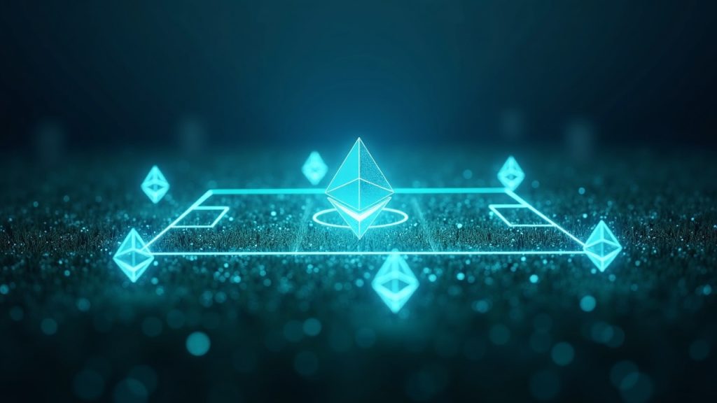 Football pitch hologram linked to blockchain streams and Ethereum icons, depicting AI on-chain betting pools via Uniswap v4