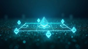 Football pitch hologram linked to blockchain streams and Ethereum icons, depicting AI on-chain betting pools via Uniswap v4