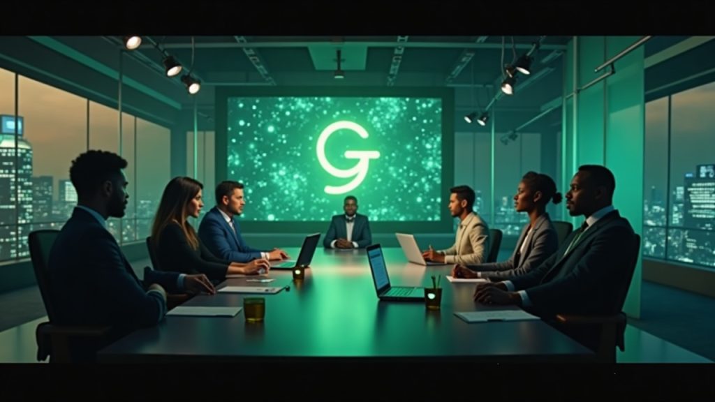 Photorealistic newsroom with a glowing Grass logo, network launch visuals, staking icons, and a Grasshopper device silhouette.