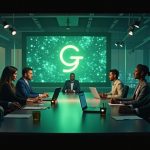 Photorealistic newsroom with a glowing Grass logo, network launch visuals, staking icons, and a Grasshopper device silhouette.