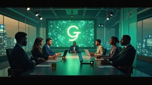 Photorealistic newsroom with a glowing Grass logo, network launch visuals, staking icons, and a Grasshopper device silhouette.