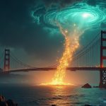 Photorealistic scene of a glowing blockchain bridge leaking coins into a dark Tornado Cash vortex with regulatory silhouettes.