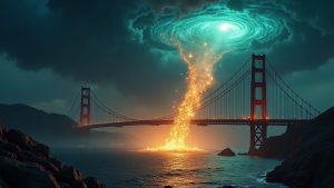 Photorealistic scene of a glowing blockchain bridge leaking coins into a dark Tornado Cash vortex with regulatory silhouettes.