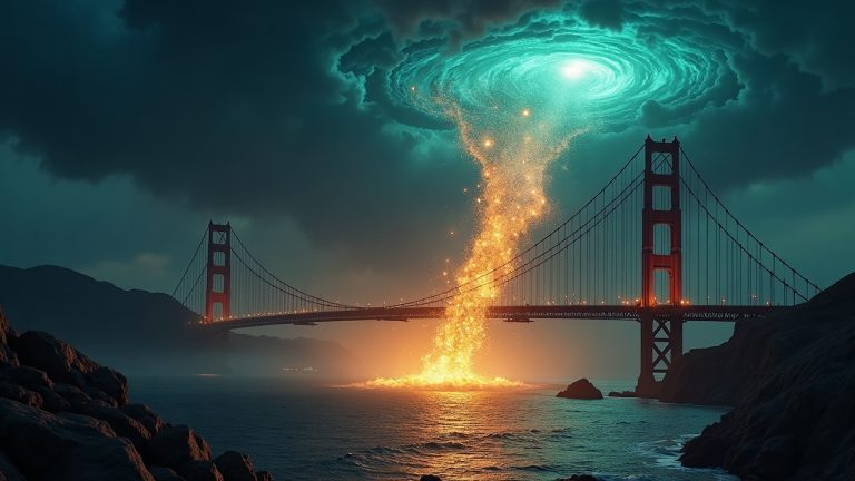 Photorealistic scene of a glowing blockchain bridge leaking coins into a dark Tornado Cash vortex with regulatory silhouettes.