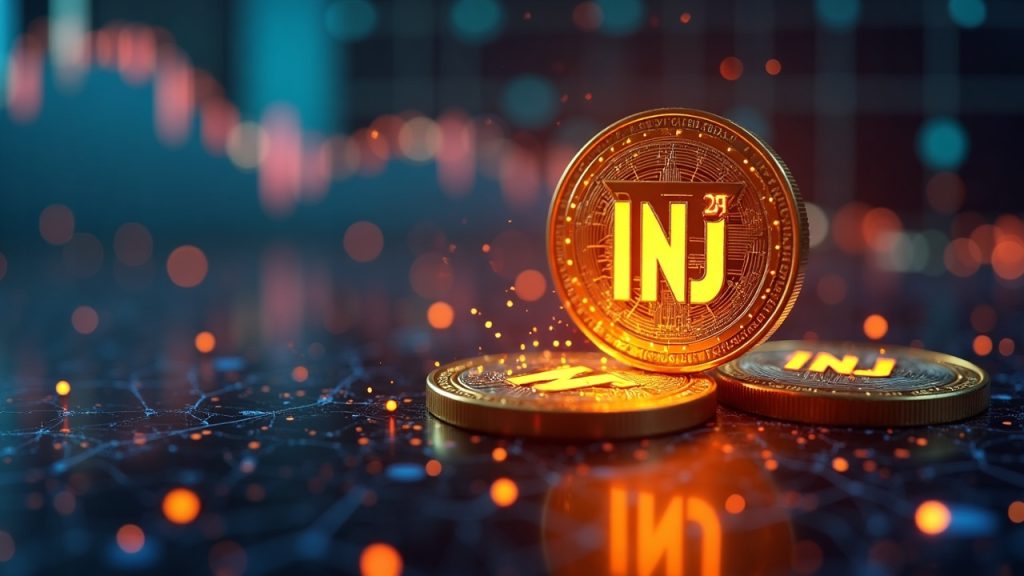 Glowing INJ token with a deflation chart and burn sparks amid futuristic nodes and newsroom lighting.