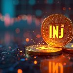 Glowing INJ token with a deflation chart and burn sparks amid futuristic nodes and newsroom lighting.