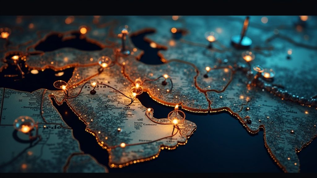 Glowing map of Iran-to-Bybit/CoinEx crypto flows with dollar chains and a Lazarus motif.
