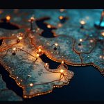Glowing map of Iran-to-Bybit/CoinEx crypto flows with dollar chains and a Lazarus motif.