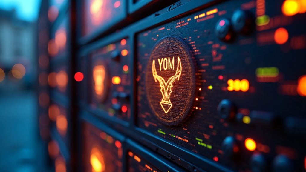 Center-focused GPU edge computing rack glowing with data streams, YOM icons, and subtle KuCoin branding.
