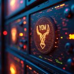 Center-focused GPU edge computing rack glowing with data streams, YOM icons, and subtle KuCoin branding.