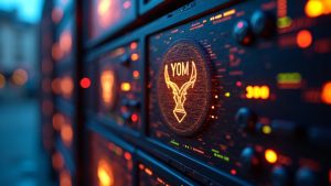 Center-focused GPU edge computing rack glowing with data streams, YOM icons, and subtle KuCoin branding.