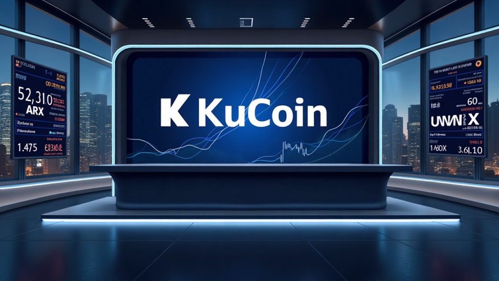 Crypto newsroom scene with KuCoin branding, UMXM and ARX logos, clocks at 11:00 and 12:00 UTC, digital ticker.