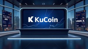 Crypto newsroom scene with KuCoin branding, UMXM and ARX logos, clocks at 11:00 and 12:00 UTC, digital ticker.