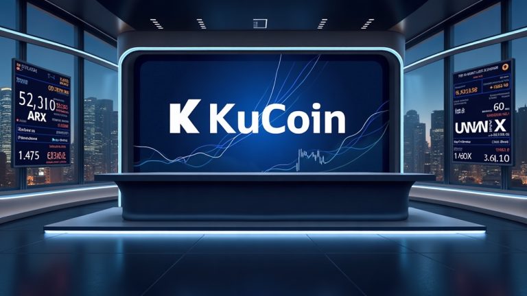 Crypto newsroom scene with KuCoin branding, UMXM and ARX logos, clocks at 11:00 and 12:00 UTC, digital ticker.