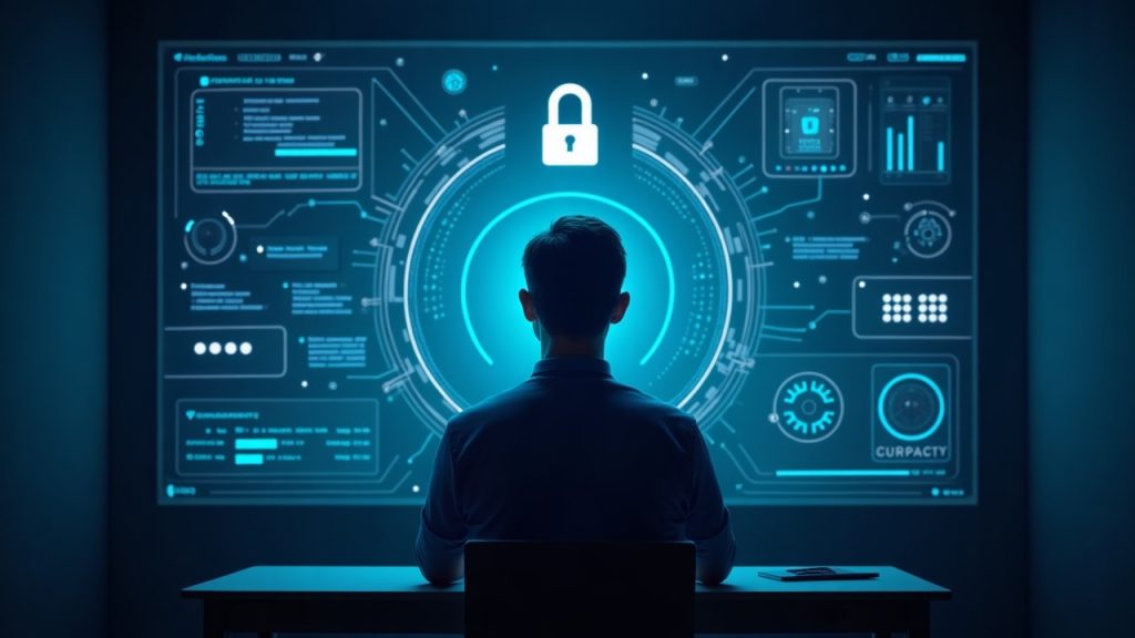 Photorealistic header of a person at a console with a privacy shield and verifiable AI icons, NEAR branding.