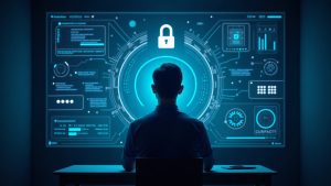 Photorealistic header of a person at a console with a privacy shield and verifiable AI icons, NEAR branding.