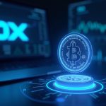 Glowing RE hologram on a trading desk with OKX logo and charts hinting at spot listing and futures conversion