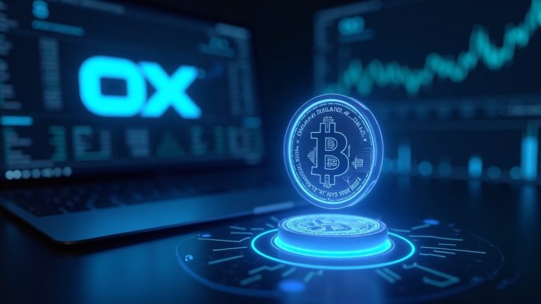 Glowing RE hologram on a trading desk with OKX logo and charts hinting at spot listing and futures conversion