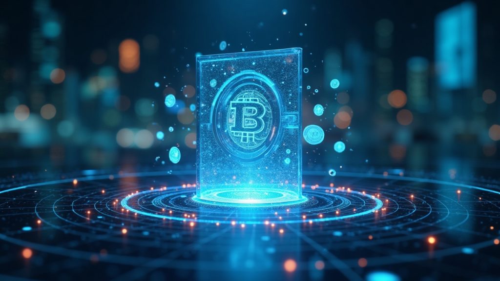 Photorealistic finance hub with a glass vault at center, orbiting tokenized assets and a DeFi grid.