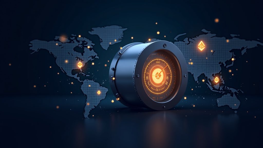 Header: secure vault, 24/7 clock, tokenized stock icons flow into a blockchain with Ethereum and BNB Chain nodes.