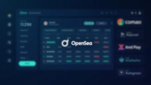 Photorealistic header with OpenSea UI center, blurred competitors, overlayed 28.2M vs 13.3M showing liquidity concentration.