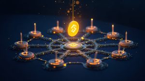 Multichain scene of BNB Chain, Base, and Arbitrum funneling CAKE rewards to 10 pools via Binance Wallet.
