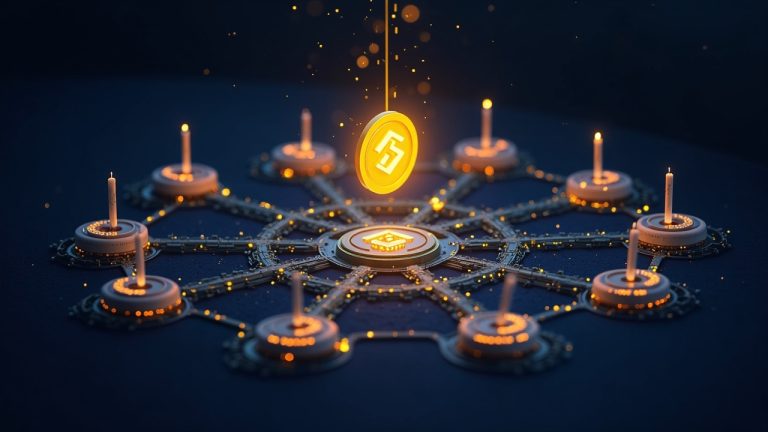 Multichain scene of BNB Chain, Base, and Arbitrum funneling CAKE rewards to 10 pools via Binance Wallet.