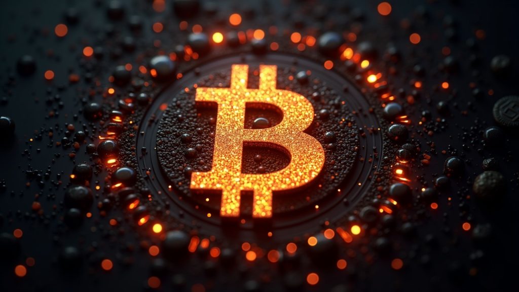 Photorealistic Bitcoin logo with glowing Runestones, busy mempool, and BRC-20 tokens.
