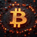 Photorealistic Bitcoin logo with glowing Runestones, busy mempool, and BRC-20 tokens.
