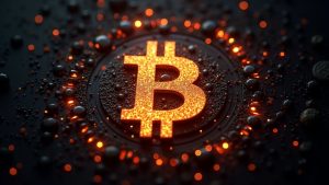 Photorealistic Bitcoin logo with glowing Runestones, busy mempool, and BRC-20 tokens.