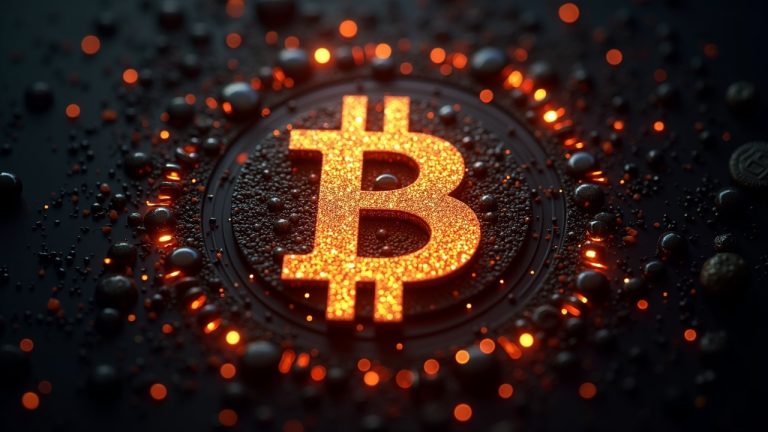 Photorealistic Bitcoin logo with glowing Runestones, busy mempool, and BRC-20 tokens.