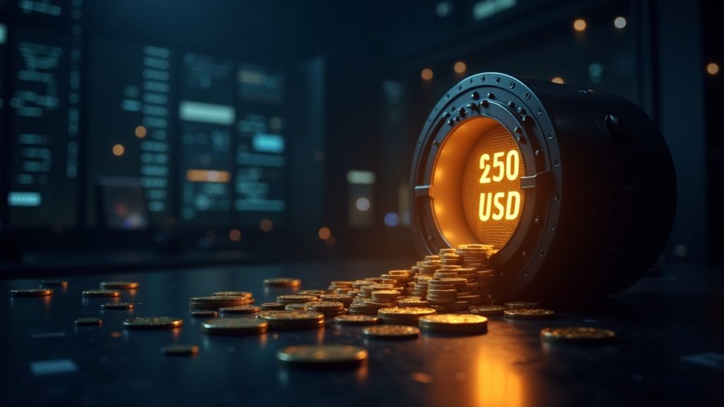 Photorealistic newsroom with a central Solana logo and 250M USDC coins minting from a digital vault.
