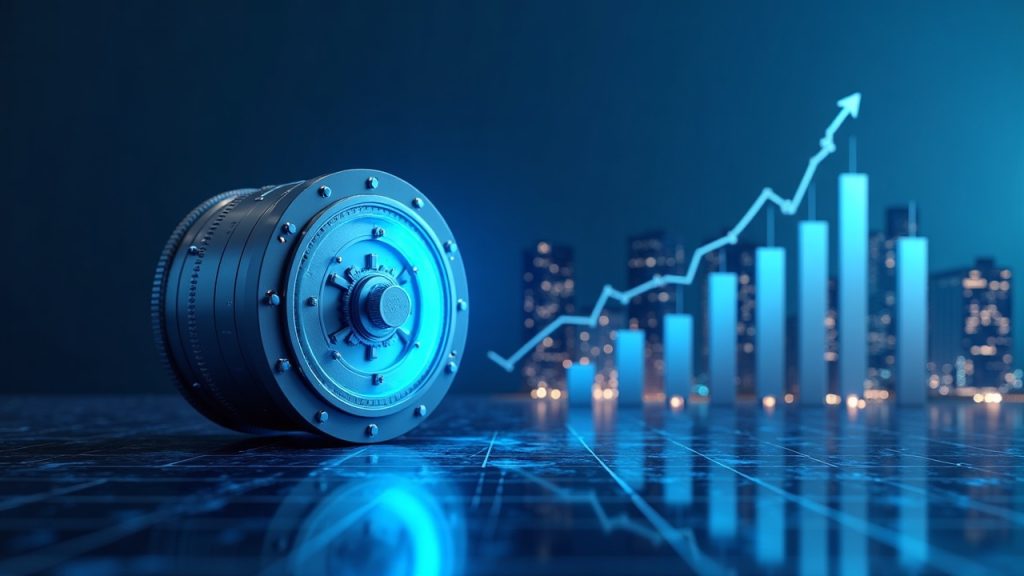 Photorealistic Solana skyline with a USDC vault and rising liquidity bars in newsroom blue.