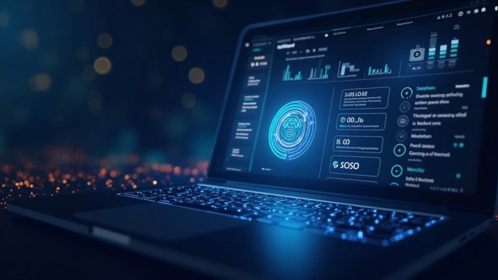 Photorealistic crypto dashboard with wallet, SOSO glow, verification checklist, and blockchain grid.