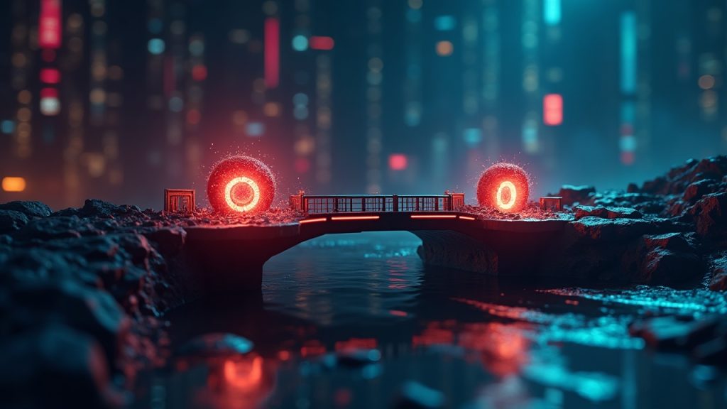 Photorealistic paused bridge scene with glowing SYS tokens flowing into two tainted wallets, red alert overlay, and a secure UI.