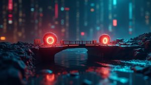 Photorealistic paused bridge scene with glowing SYS tokens flowing into two tainted wallets, red alert overlay, and a secure UI.