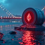 Photorealistic Taiko bridge breach with ERC20 vault, red alert glow, USDC and ETH leaking, HUD over blue cityscape.