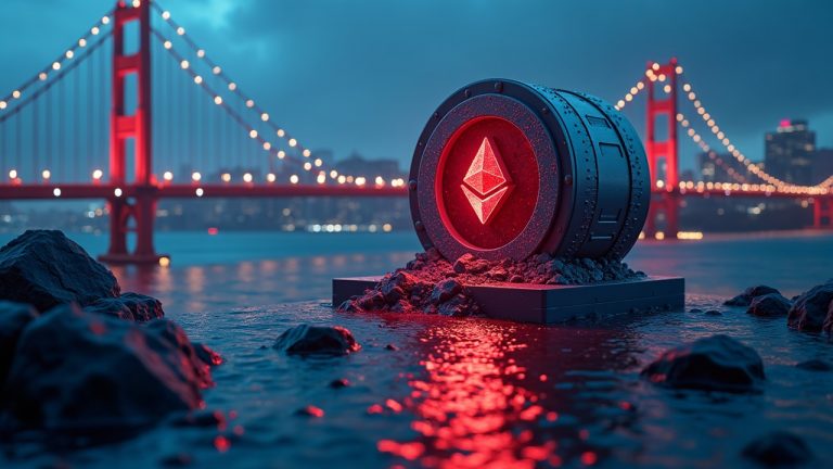 Photorealistic Taiko bridge breach with ERC20 vault, red alert glow, USDC and ETH leaking, HUD over blue cityscape.