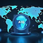 Glass vault with holographic AIQ and BOTZ tokens linked by blockchain over a world map, with Ondo and Mirae branding.