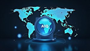 Glass vault with holographic AIQ and BOTZ tokens linked by blockchain over a world map, with Ondo and Mirae branding.