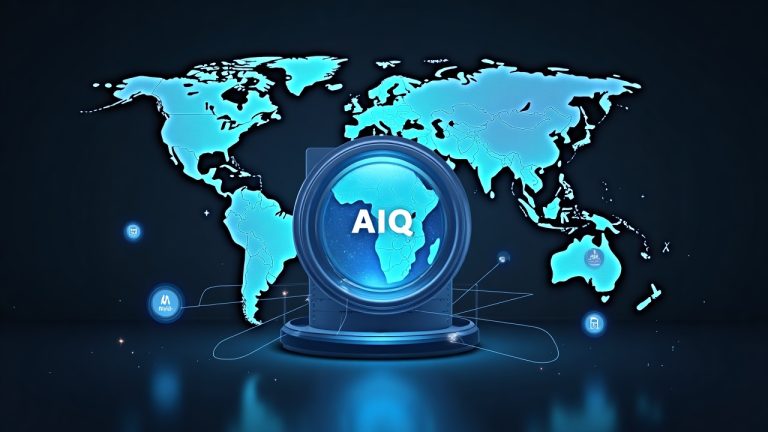 Glass vault with holographic AIQ and BOTZ tokens linked by blockchain over a world map, with Ondo and Mirae branding.