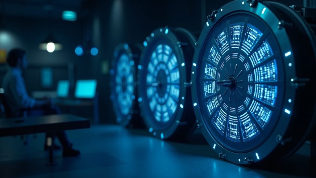 High-tech newsroom scene with a sleek digital vault for tokenized RWAs, featuring Centrifuge, Kraken Institutional, and JAAA.