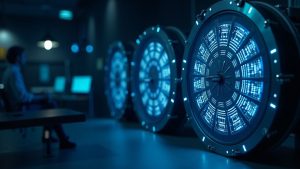 High-tech newsroom scene with a sleek digital vault for tokenized RWAs, featuring Centrifuge, Kraken Institutional, and JAAA.
