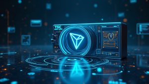 Futuristic treasury hub with a transparent vault, glowing TRX coins, bold Tron logo, on-chain ledger trail, and SEC 8-K badge.