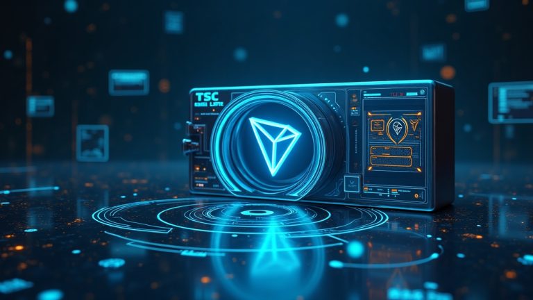 Futuristic treasury hub with a transparent vault, glowing TRX coins, bold Tron logo, on-chain ledger trail, and SEC 8-K badge.